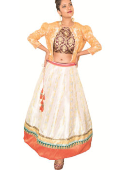 Orange off white crop top with blouse and skirt